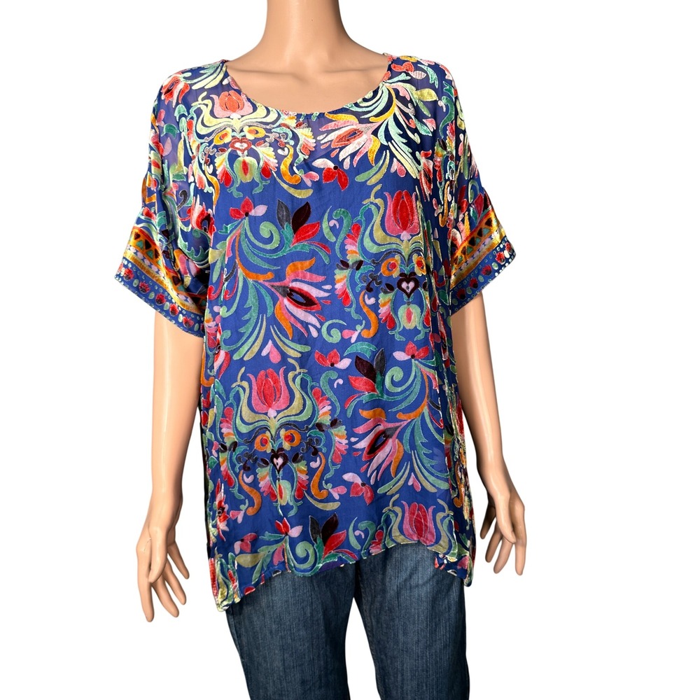 Johnny Was Mariafe Blouse Primula Blue Velvet Burnout Silk Blend Tunic Set Med